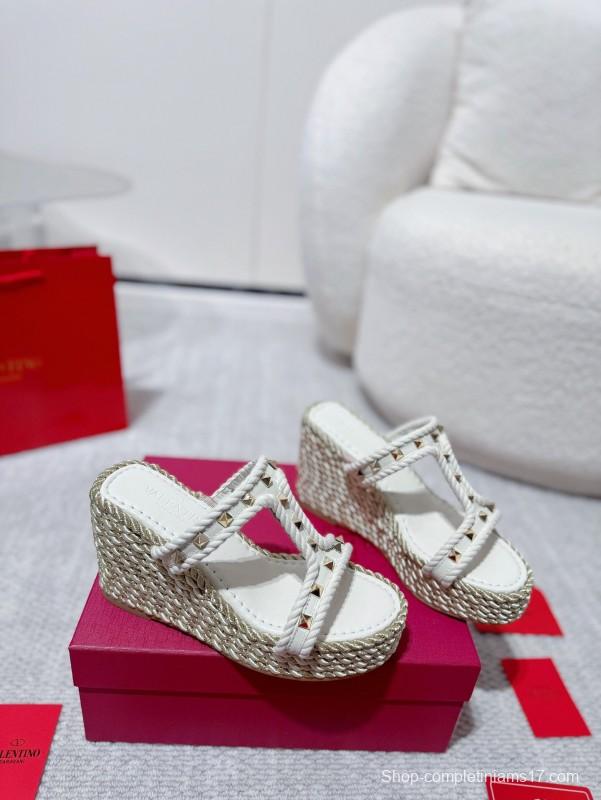 2025 Women Valentino White Leather Wedge Sandals Studs LY00290