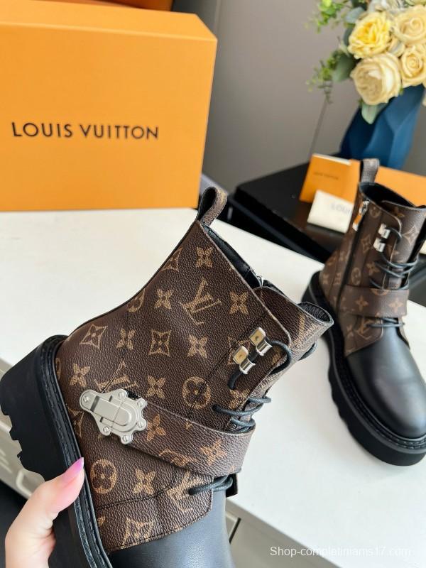 2024 Women Louis Vuitton Brown Black Leather Ankle Boots MJ00310