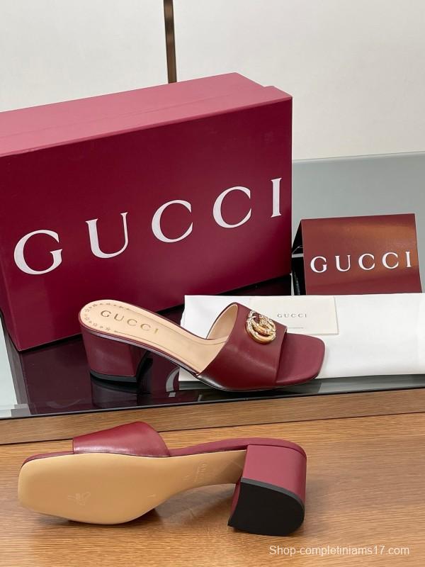 2025 Women Gucci Burgundy Leather Sandals GG Crystal LY00280