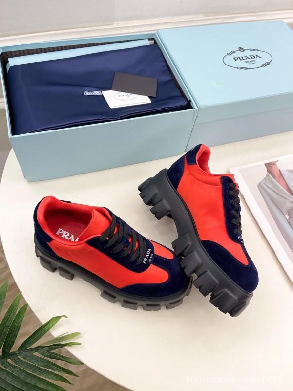 2025 Unisex Prada Red Navy Suede Silk Sneakers KFY00310(F)/KFY00330(M)