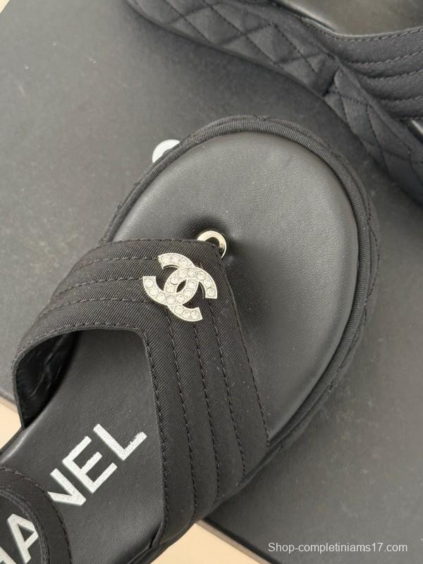 2025 Women Chanel Black Fabric Platform Sandals