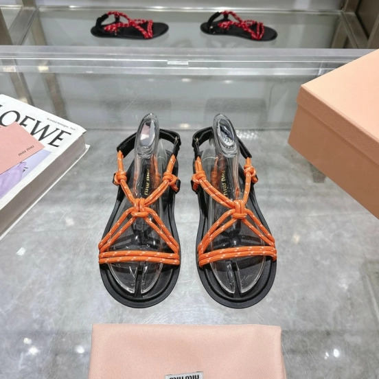 2025 Women Miu Miu Orange Black Rope Leather Sandals