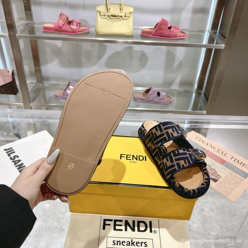 2025 Slippers Fendi Blue Brown Jacquard FF Pattern MJ00230