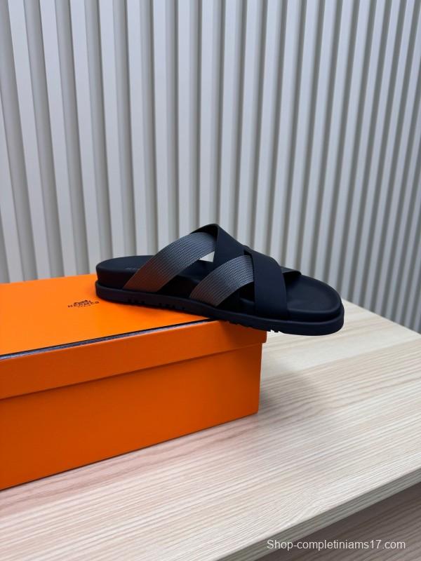 2025 Unisex Hermès Black Grey Leather Slippers