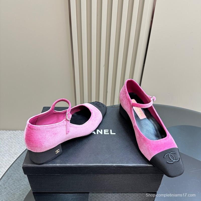 2025 Women Chanel Pink Black Velvet Mary Jane Shoes