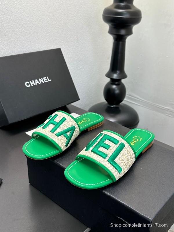 2025 Women Chanel Green Canvas Slippers