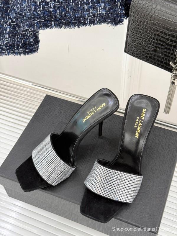 2025 Women Yves Saint Laurent Black Silver Crystal Leather Heeled Slippers LY00300