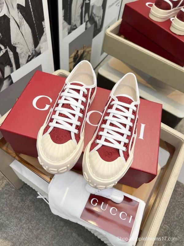 2025 Women Gucci Burgundy Canvas Rubber Sole Thick Platform Sneakers Handcrafted LY00270
