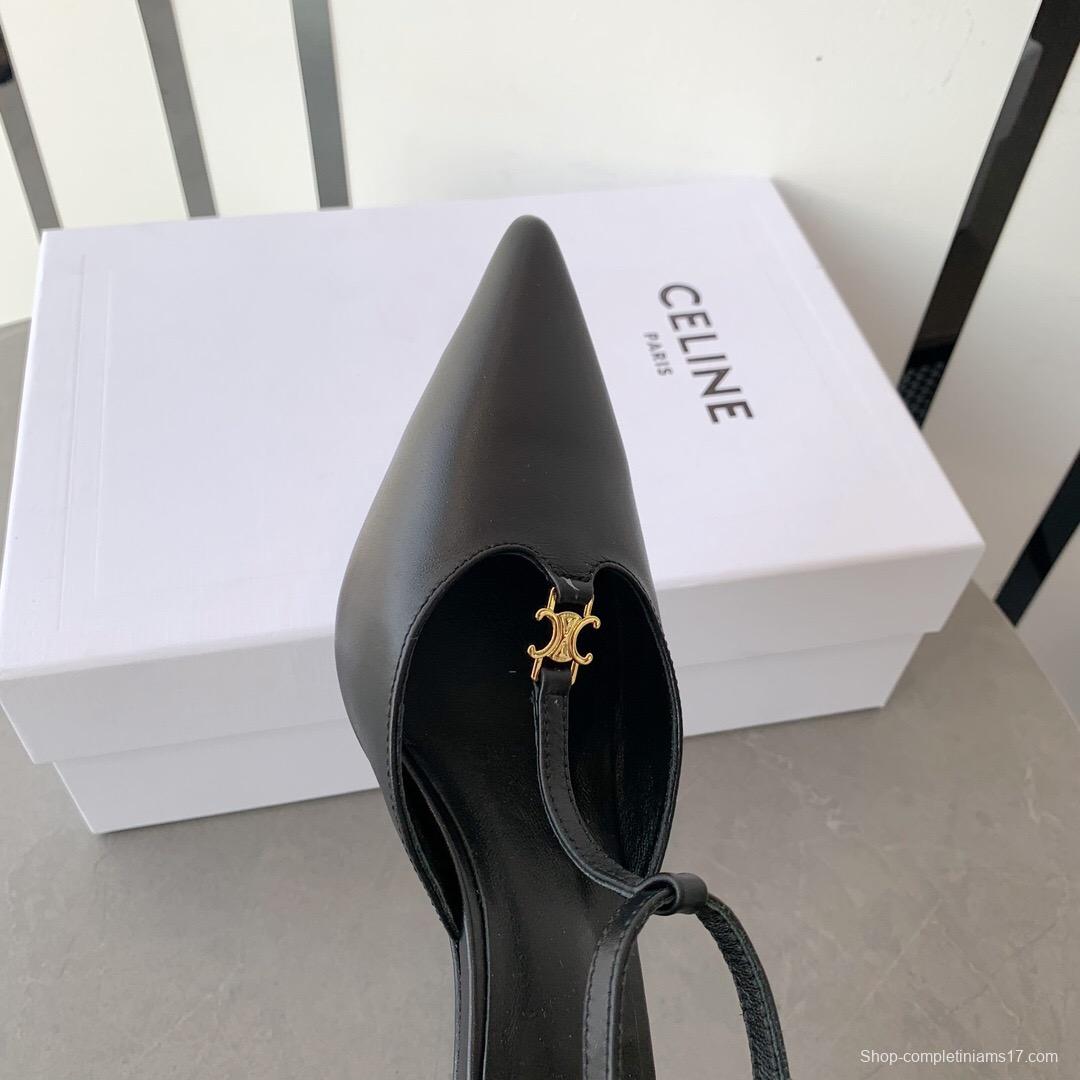 2025 Women Celine Black Calfskin Leather T-Strap TRIOMPHE Pumps
