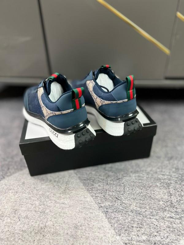 2024 Men Gucci Blue Beige Mesh Leather Sneakers MJ00260