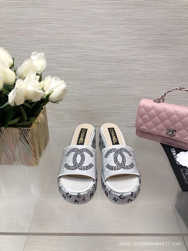 2025 Slippers Chanel White Rhinestone Platform Slide LY00330