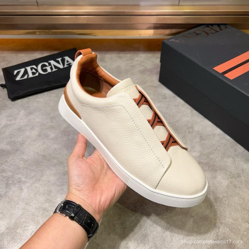 2024 Men Ermenegildo Zegna White Brown Calf Leather Pelletessuta Sneakers Elastic Detail MJ00280
