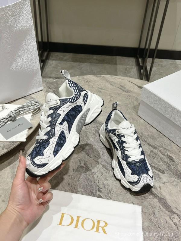 2025 Women Dior Navy White Mesh Leather Sneakers KFY00370