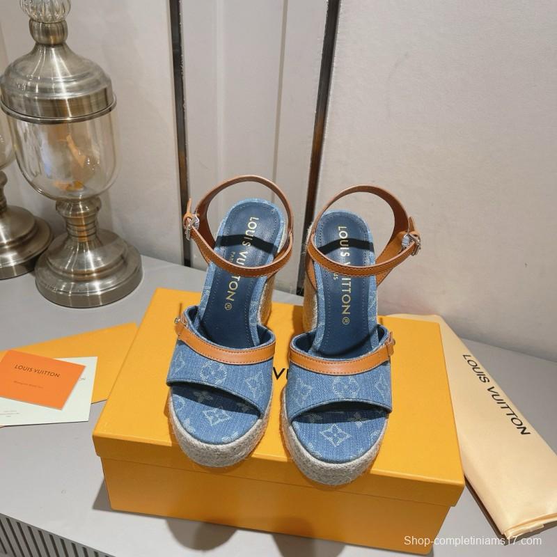 2025 Women Louis Vuitton Blue Denim Leather Espadrilles Sandals MJ00280