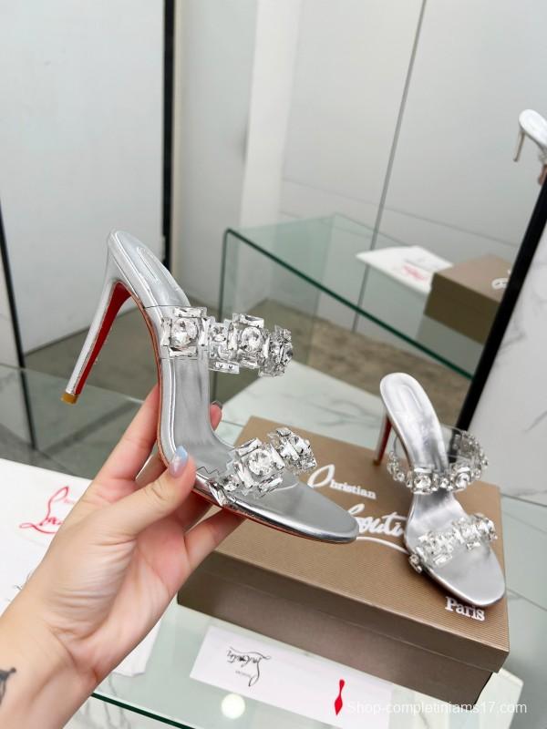 2025 Women Christian Louboutin Silver Leather High Heel Sandals Diamond Decoration LY00300