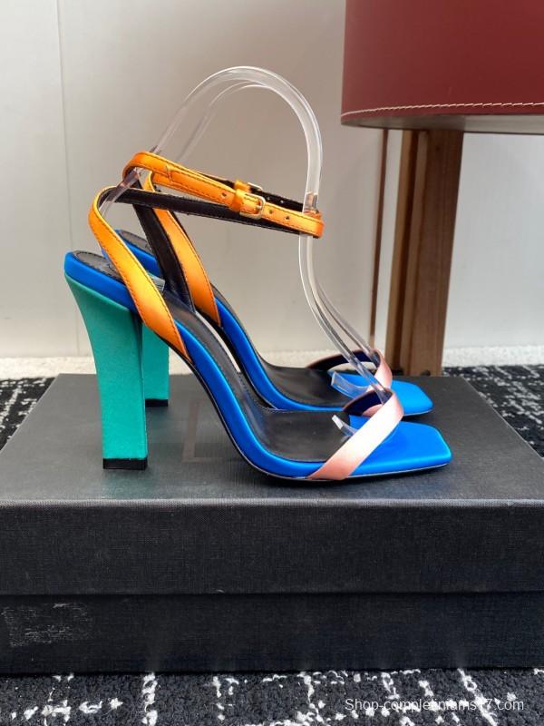 2025 Women Yves Saint Laurent Blue Orange Pink Leather Suede High Heel Sandals
