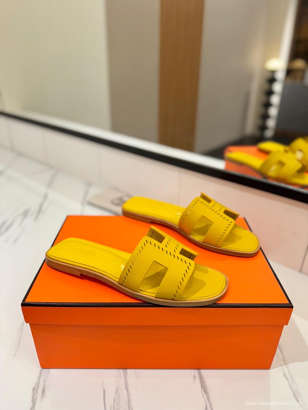 2025 Women Hermès Yellow Leather Slippers
