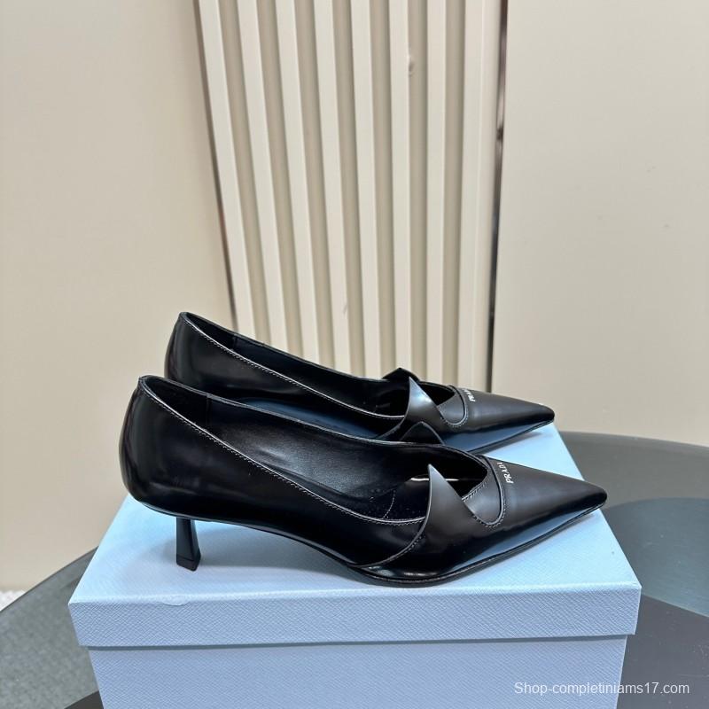 2025 Women Prada Black Leather Heels KFY00310