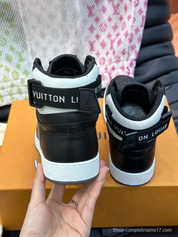 2024 Men Louis Vuitton Black White Leather High-Top Sneakers MJ00420