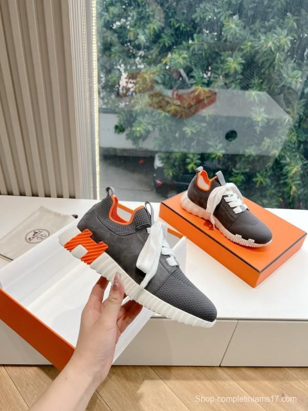 2024 Unisex Hermès Black Orange Calfskin Suede Sneakers MJ00290(M/W)