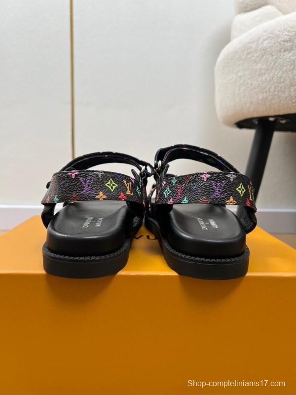 2025 Women Louis Vuitton Black Multicolor Canvas Sandals