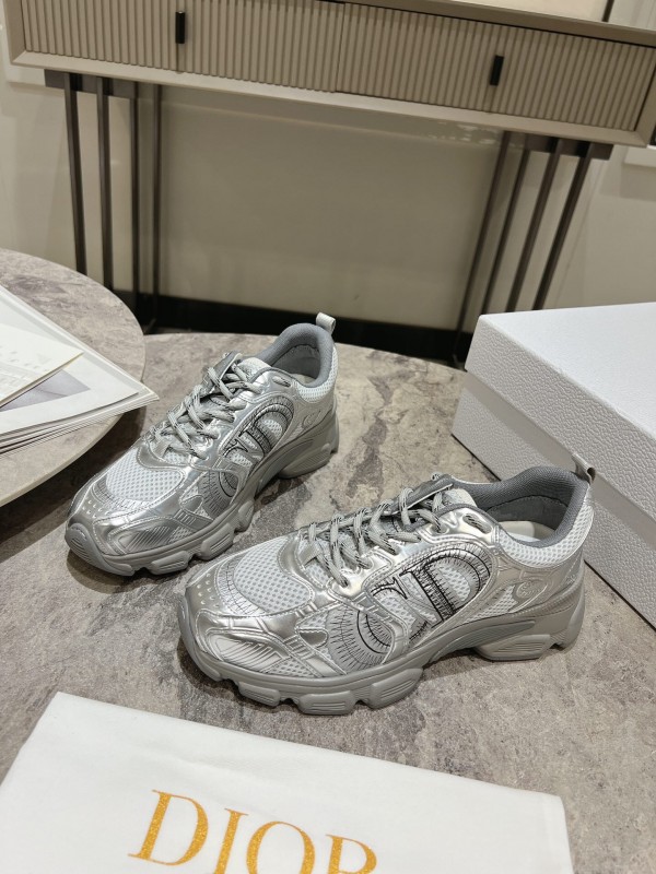 2025 Women Dior Silver Mesh Leather Running Sneakers