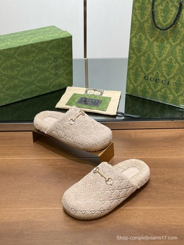 2024 Slippers Gucci Beige Shearling GG Embroidery