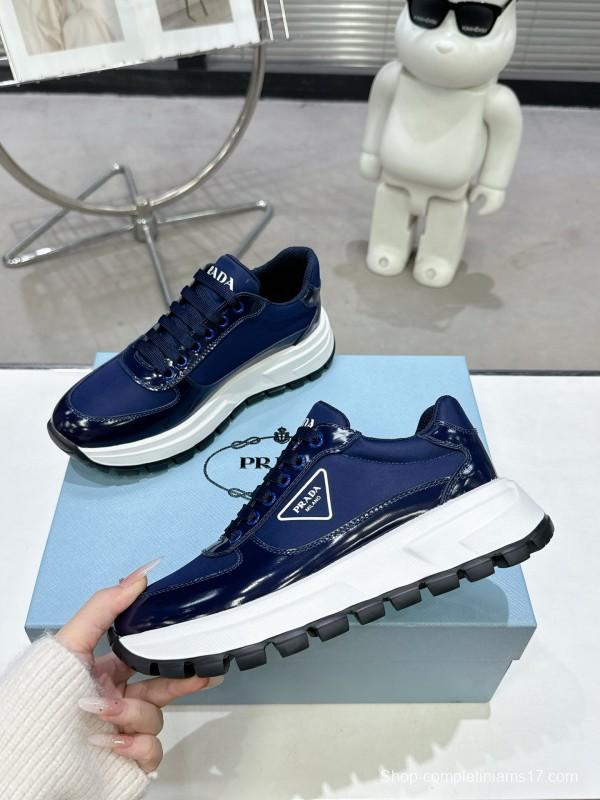 2025 Women Prada Blue Leather Sneakers KFY00310