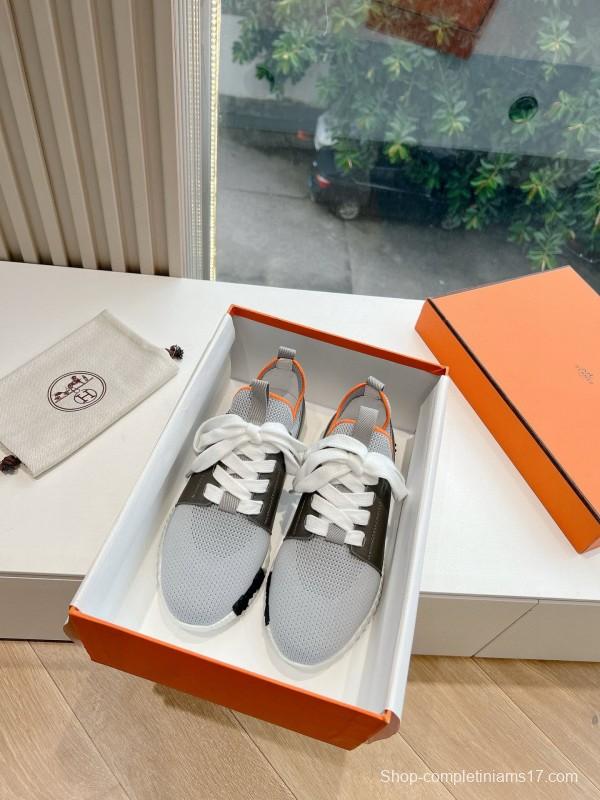 2024 Unisex Hermès Beige Grey Orange Black Leather Suede Knit Sneakers MJ00290