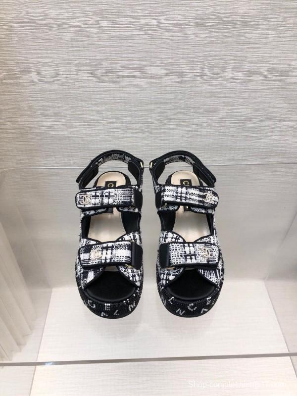 2025 Women Chanel Black White Fabric Platform Sandals LY00330