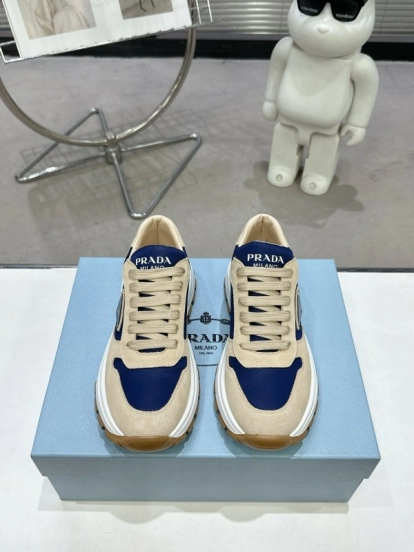 2025 Unisex Prada Blue Beige Suede Leather Sneakers KFY00310