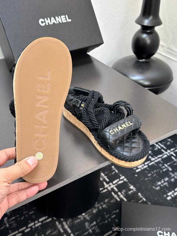 2025 Slippers Chanel Black Rope Leather Sandal LY00260