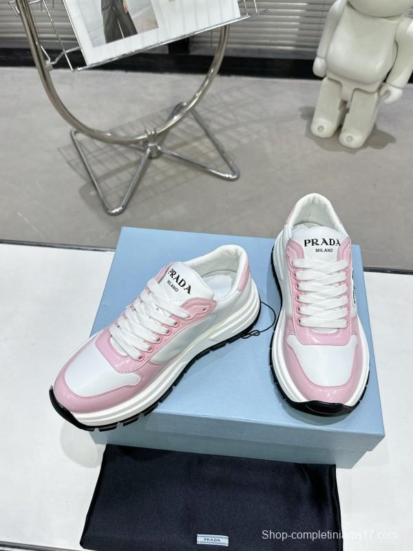 2025 Women Prada White Pink Leather Sneakers