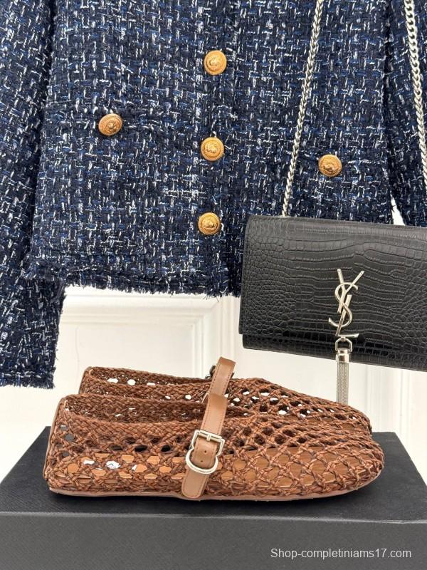 2025 Women AlAIA Brown Leather Woven Mary Jane Shoes