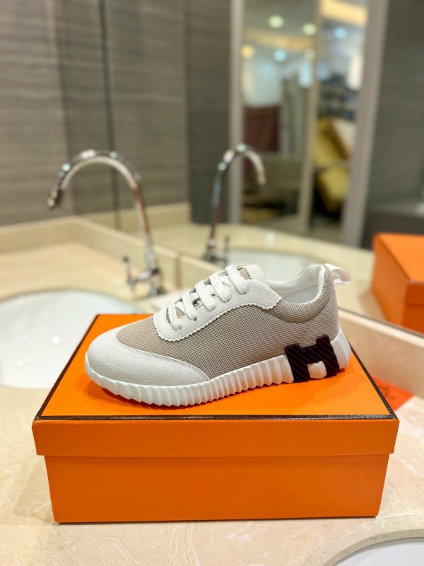 2024 Women Hermès White Beige Mesh Leather Sneakers MJ00320