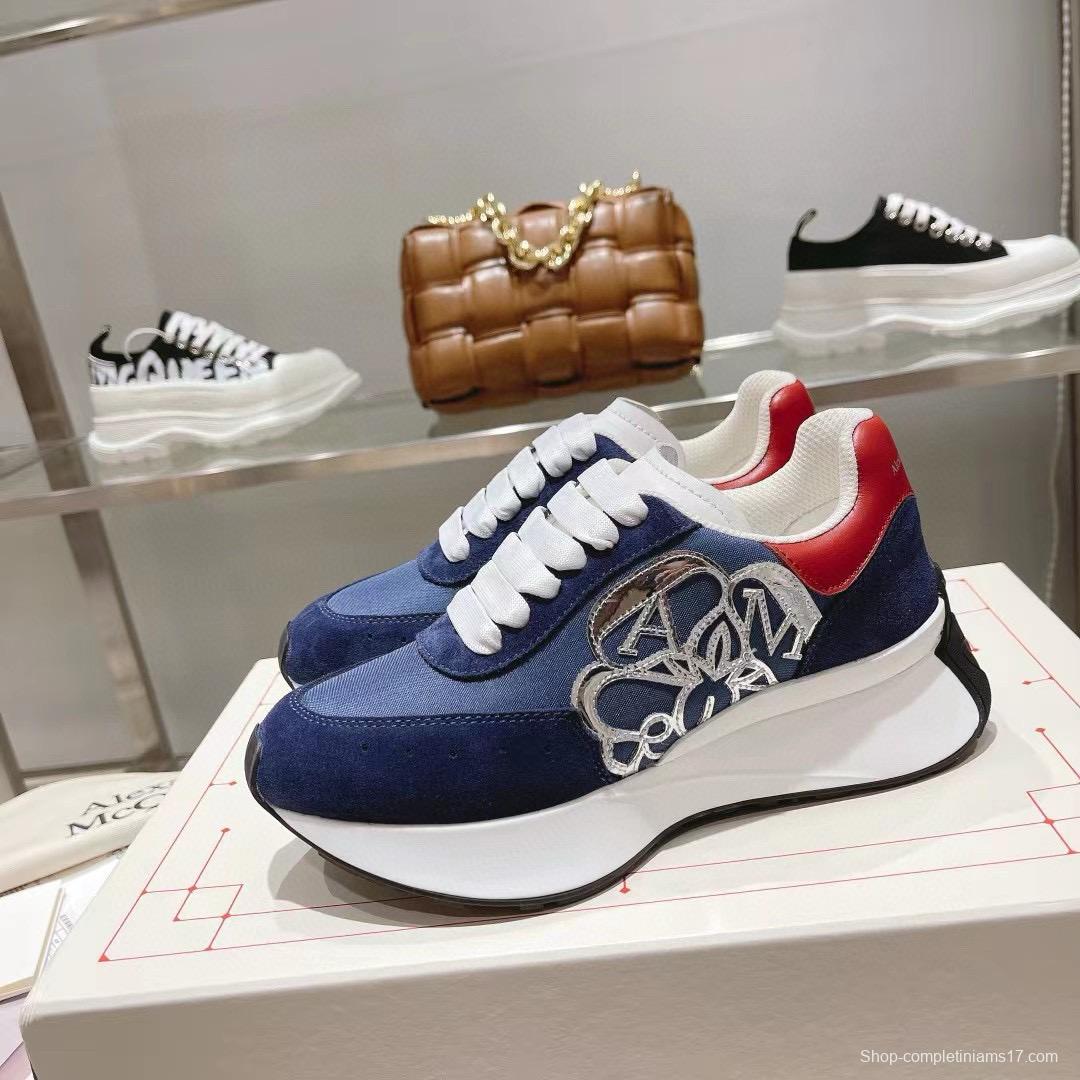 2024 Unisex Alexander McQueen Blue Red Leather Suede Mesh Sneakers MJ00370