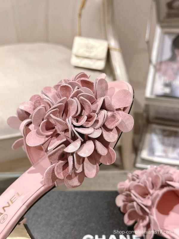 2025 Women Chanel Pink Suede Flower Mule