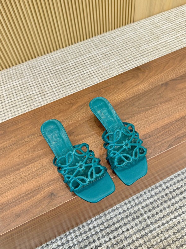 2025 Women Loewe Turquoise Leather Heeled Sandals LY00250