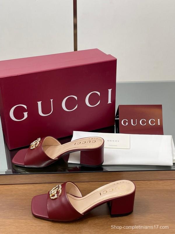 2025 Women Gucci Burgundy Leather Sandals GG Crystal LY00280