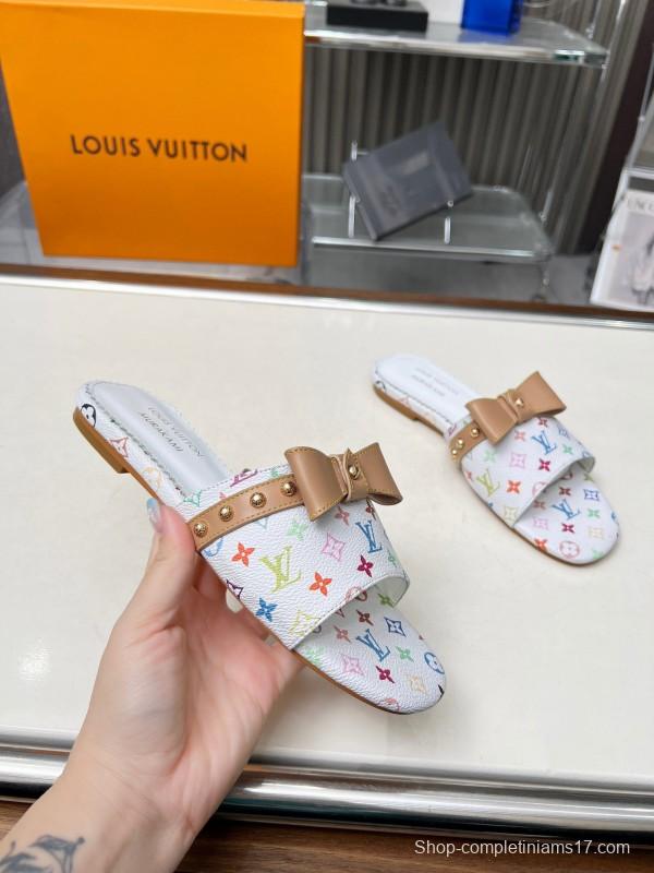 2025 Women Louis Vuitton White Multicolor Leather Slippers Monogram LY00200