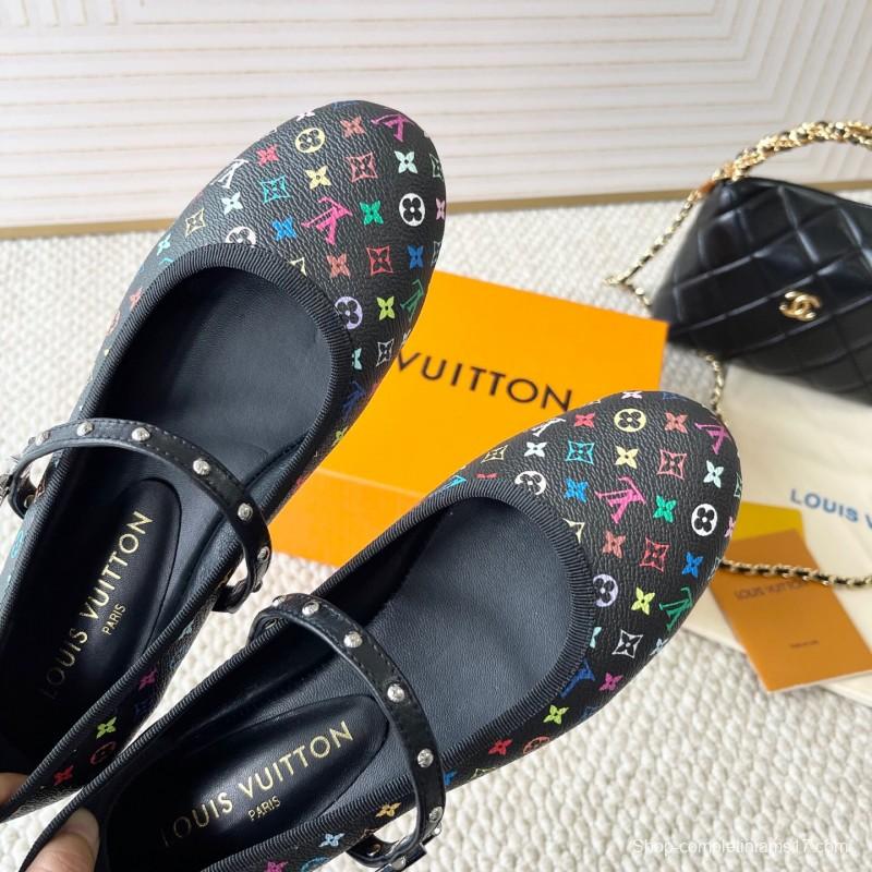 2025 Women Louis Vuitton Black Multicolor Leather Ballet Flats KFY00300