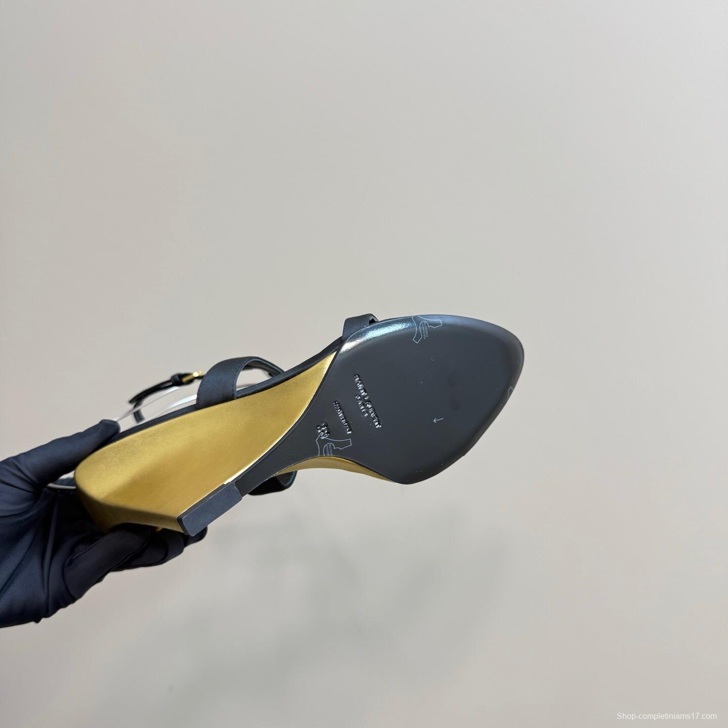 2025 Women Yves Saint Laurent Black And Gold Wedge Sandals Premium Leather Elegant Design LY00360(F)