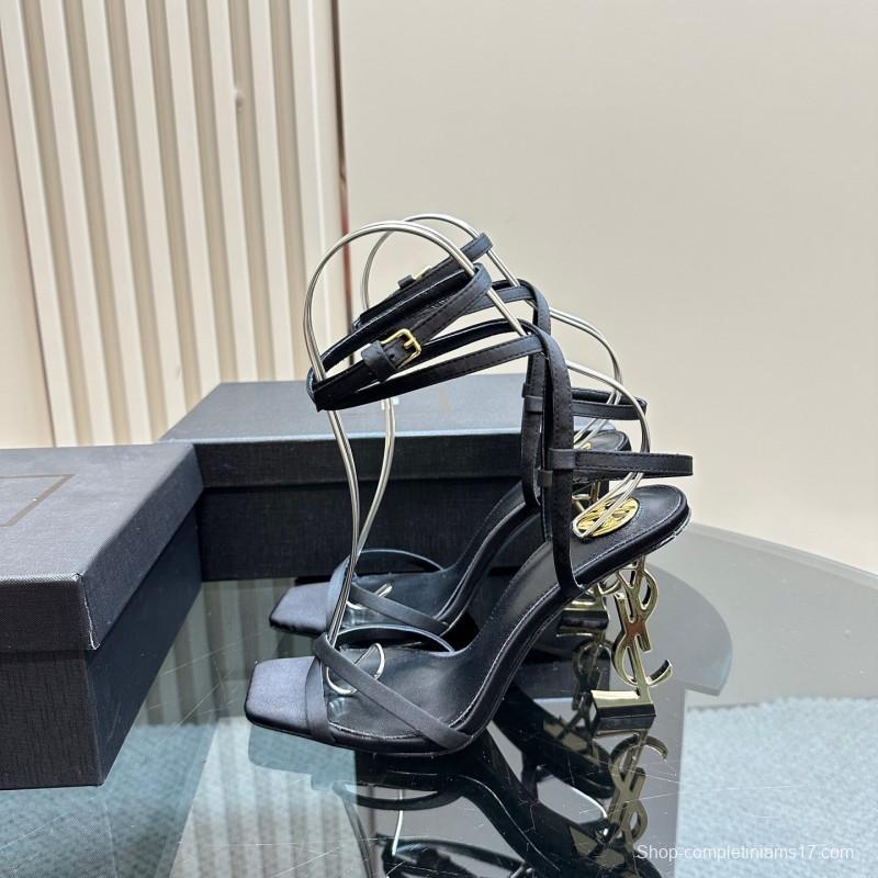 2025 Women Yves Saint Laurent Black Satin High Heel Sandals KFY00290