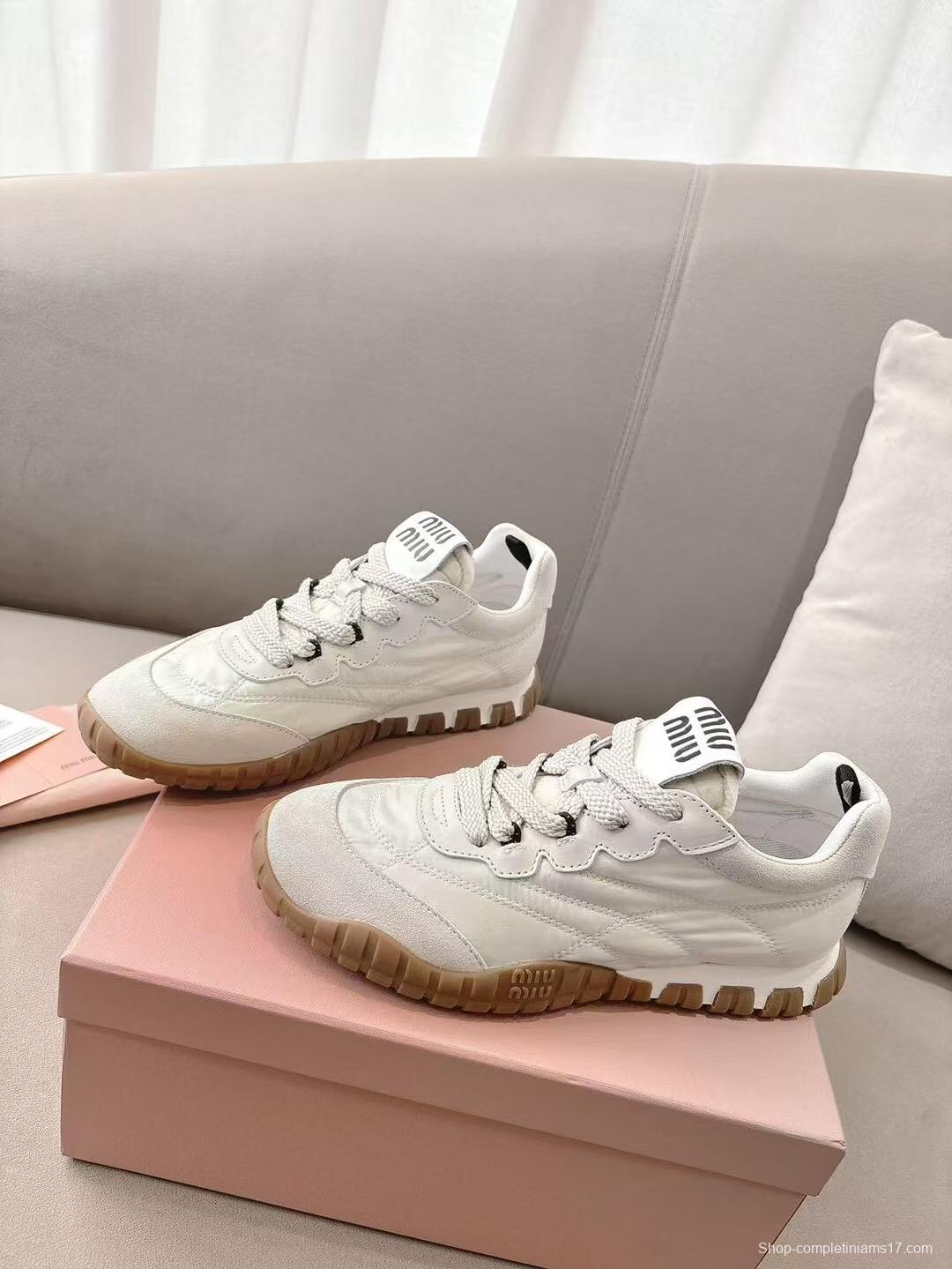 2025 Women Miu Miu White Beige Leather Nylon Casual Shoes KFY00280