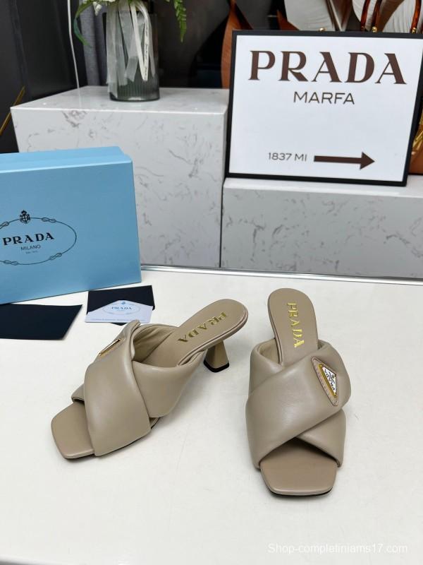 2025 Women Prada Beige Leather Mule Triangle Logo LY00270