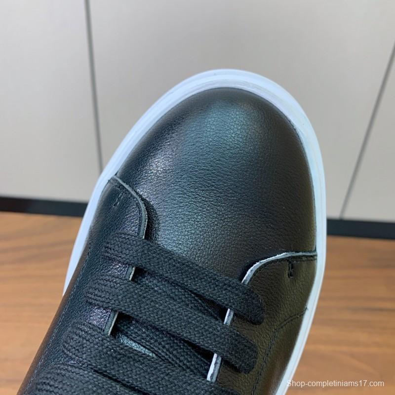 2025 Men Brunello Cucinelli Black Leather Casual Sneakers With White Rubber Sole And High Elasticity Insole KFY00310(M)