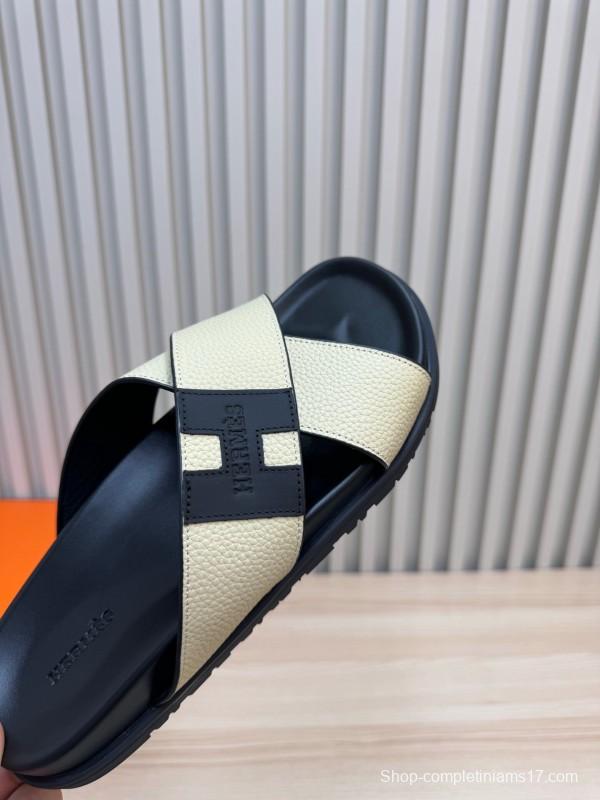 2025 Slippers Hermès Black Ivory Leather Cross Strap