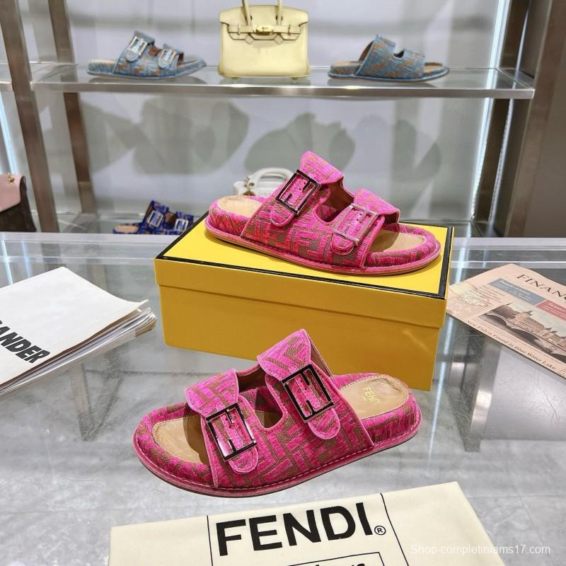 2025 Slippers Fendi Pink Jacquard Fabric Flat Buckle MJ00230