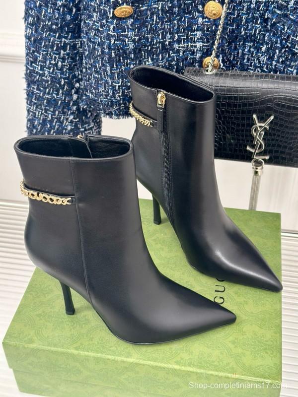 2024 Women Gucci Black Calfskin Leather Ankle Boots Chain MJ00410