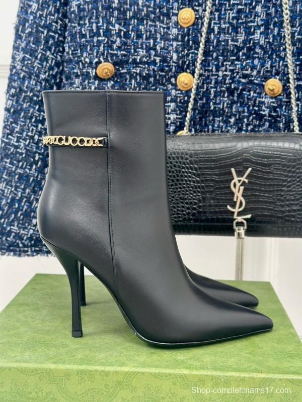 2024 Women Gucci Black Calfskin Leather Ankle Boots Chain MJ00410